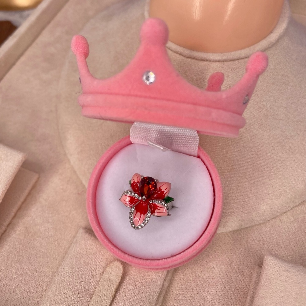 🌹 Silver Pink & Ruby Red Rhinestone Floral Ring 6 🌹 Including Velvet👑 Gift Box 🎀 - Picture 3 of 14